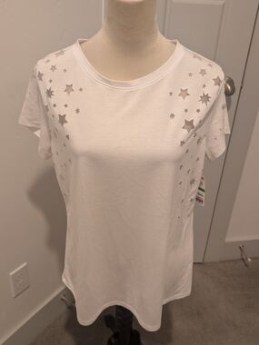 INC International Concepts White Short Sleeve Tee with Star Cutouts